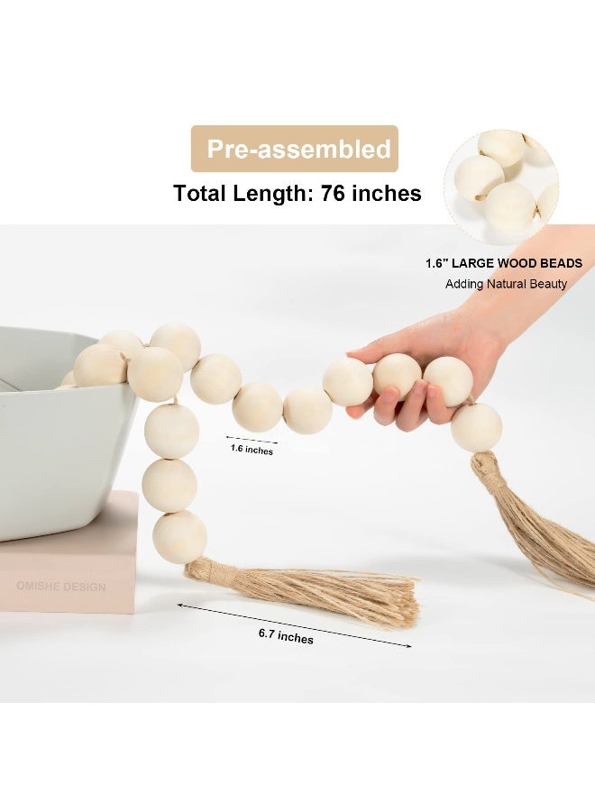 OMISHE 76" Long Extra Large Wood Bead Garland with 1.6" Diameter Wooden Beads and Tassels, Rustic Farmhouse Country Decorative Beads for Home Tiered Tray Decor, Natural Beige - Image 4